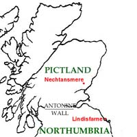 Map of north Britain, showing Nechtansmere and Lindisfarne